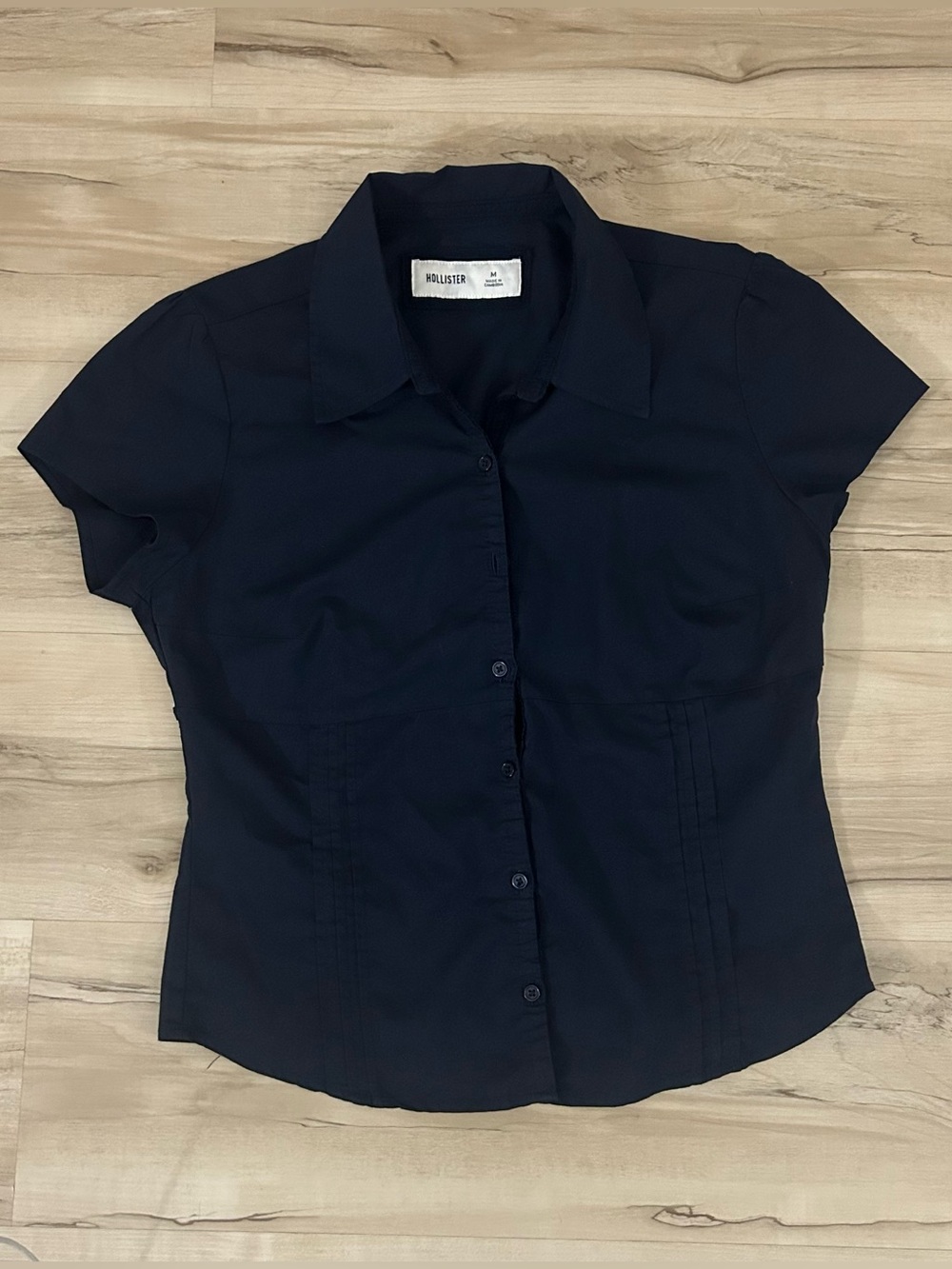 Hollister Short Sleeve Pleated Top Button Up Lace Navy Blue Size Medium